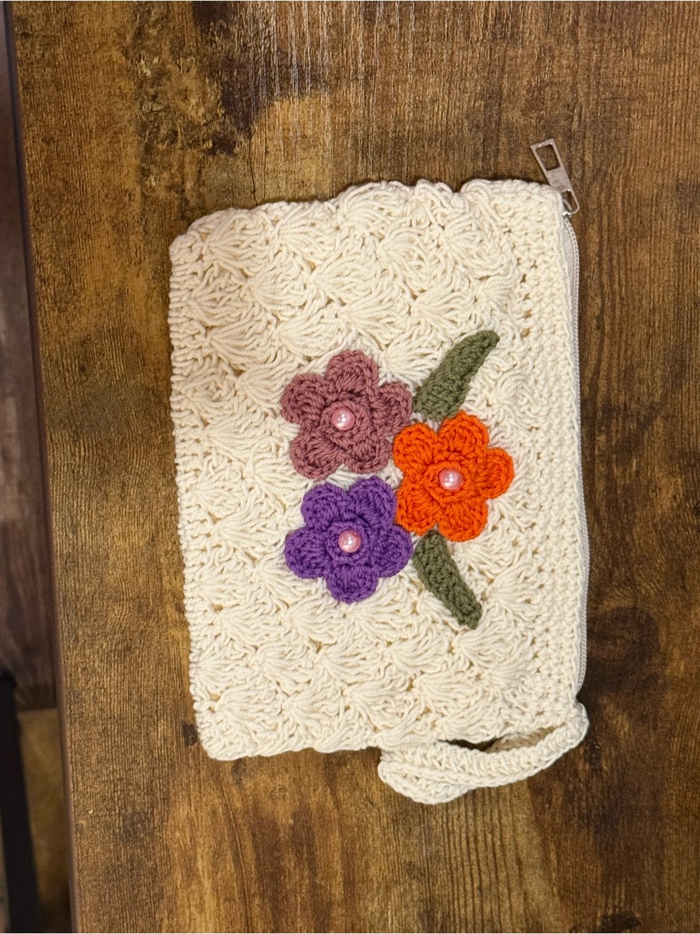 HANDMADE Cream CROCHET Wristlet Pouch with Floral Appliqué
